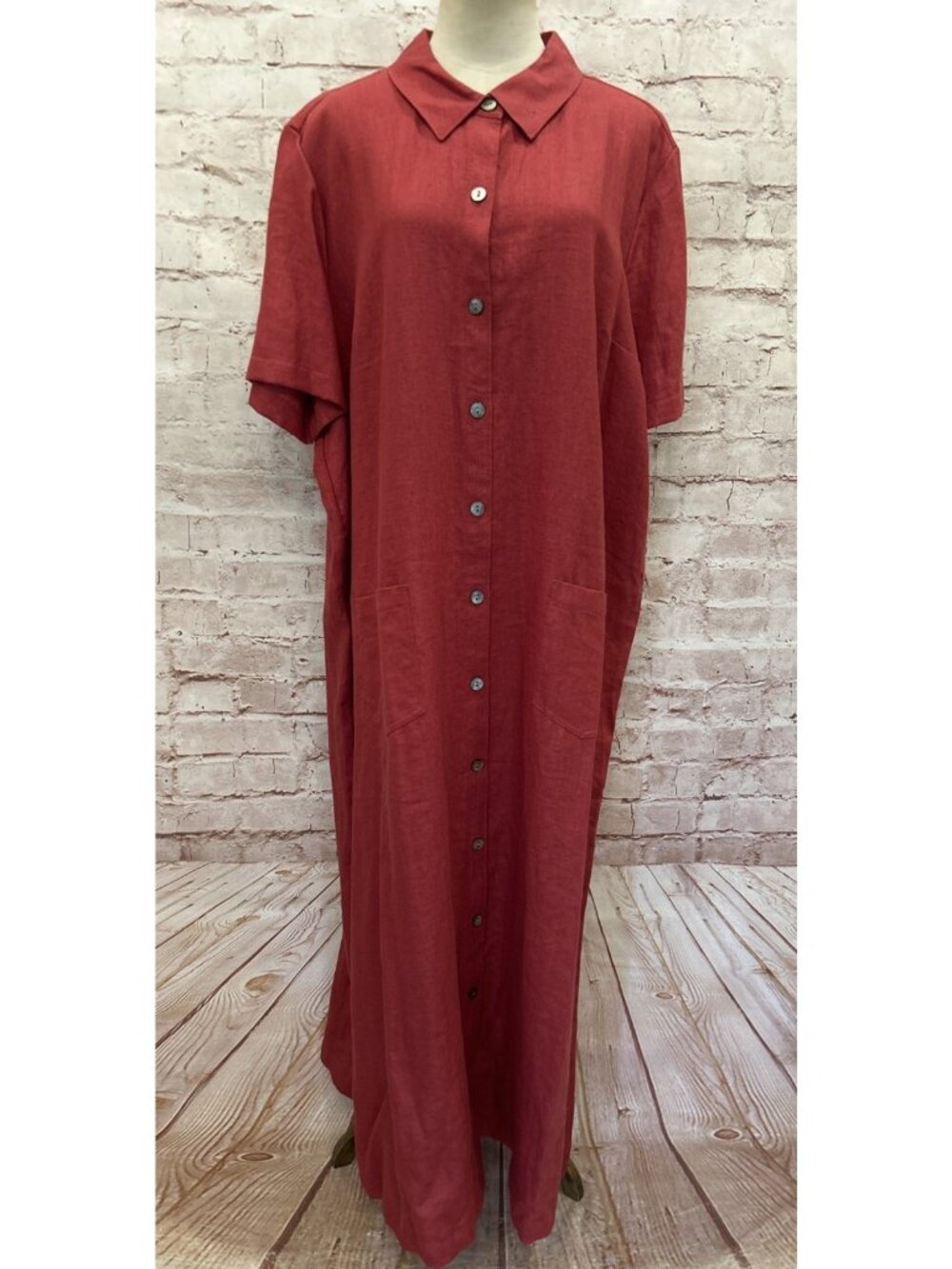 Nordstrom Womens 20W Maxi Dress 100% Linen Button Front Short Sleeve  Berry Red